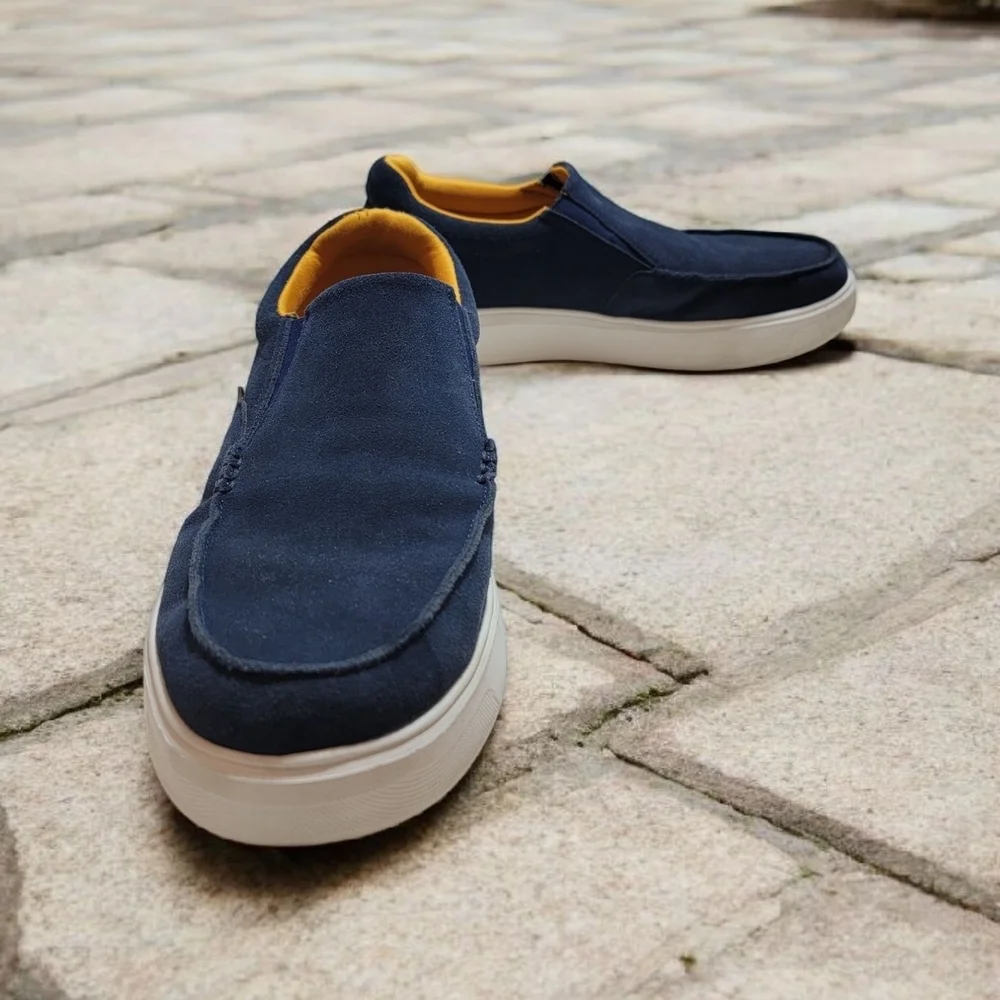 Comfoot Mens size 12 Blue/Gold Slip-On Loafers for Treating Planter Fasciitis